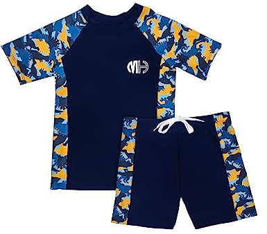 Maillot de Bain Garcon, Short de Bain pour Enfants, Anti-UV Tee Shirt et Bonnet de Bain (FR/ES, Âge, 10 Ans, 11 Ans, Taille Normale, Bleu foncé)