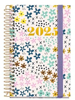 Miquelrius - Dagskalender 2025, 80 x 120 mm, dagskalender, fodrad kartongomslag, Spiral, elastisk gummiförslutning, 80 g/m² papper, spanska, engelska och portugisiska, vår