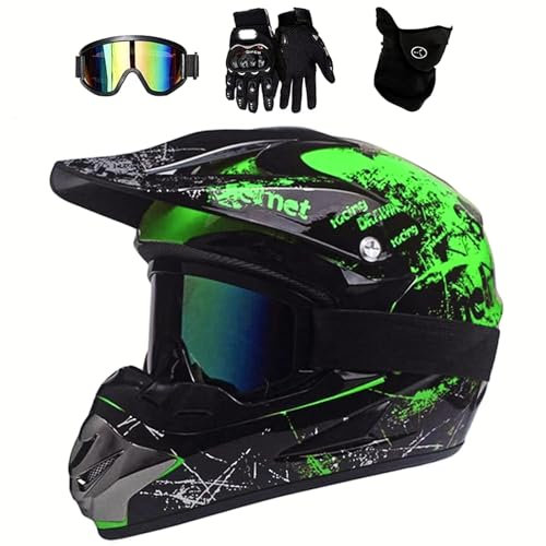UIGJIOG Motocross Helmet,Youth ATV Dirt Bike Motorcycle Helmet, Full-Face Off Road Motorcycle Crash Helmet,BMX 4-Wheeler Off-Road Mountain Bike Helmet,With Gloves Goggles Mask,Green,L(56~57cm)