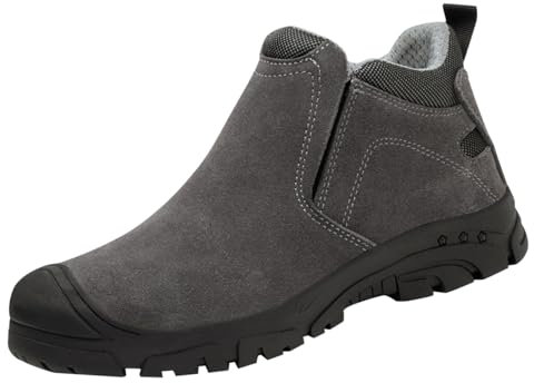 Zapatos de trabajo sin cordones para hombre, de piel, zapatos de seguridad para hombre, antideslizantes, antideslizantes, resistentes al desgaste, de piel sintética, para exteriores, gris, 45 EU