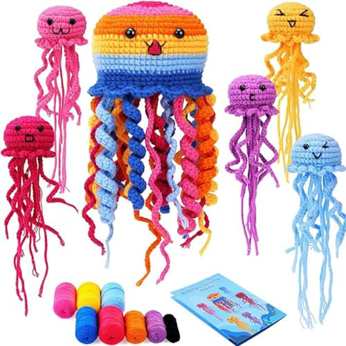 GkgWuxf Kit de crochet para principiantes para adultos,Kit de crochet de medusas - Juego de tejer medusas para manualidades para adultos,Kit para aprender a tejer medusas animales para mujeres,