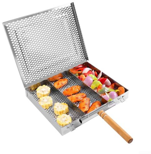 Homeponnew Griglia rettangolare in acciaio inox per barbecue, con manico in legno, 25,5 x 30,5 cm, vassoio di cottura per campeggio, picnic (A)