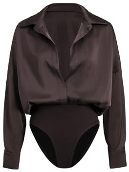 GORGLITTER Women's Deep V Neck Long Sleeve Shirts Bodysuit Satin Button Down Party Night Sexy Leotard Tops Chocolate Brown X-Large