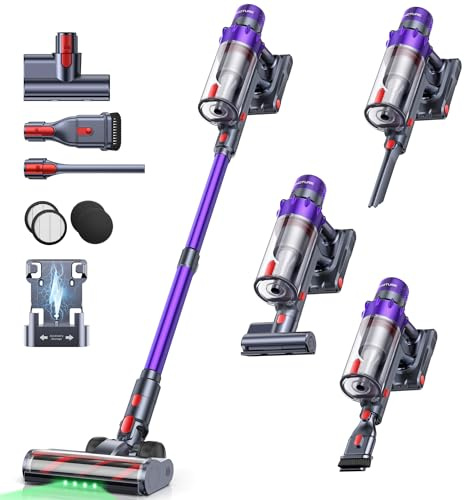 SMOTURE VAC02 Cordless Vacuum Cleaner,600W 50KPA Stick Vacuum with Removable Battery (65Mins ECO), Mattress vacuum,Auto-Mode Touch Screen,Wall Mount, Self-Standing&Fragrance Tablet for Floor Carpet