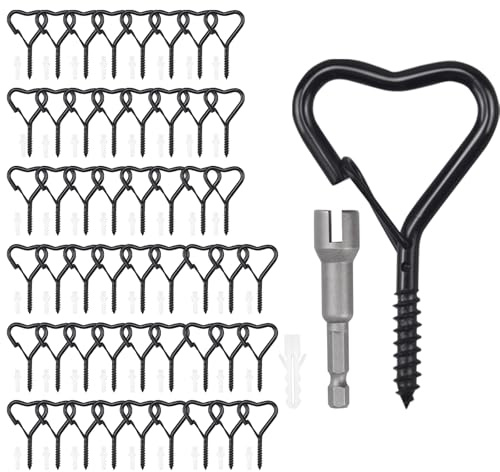 Viweolm Heart Shaped Screw Hooks for Hanging Outdoor String Lights, Lanterns, Wind Chimes, Bird Feeders, and Party Decorations – Metal Hooks for Walls, Garages, and Gardens (Black, 52 pcs)