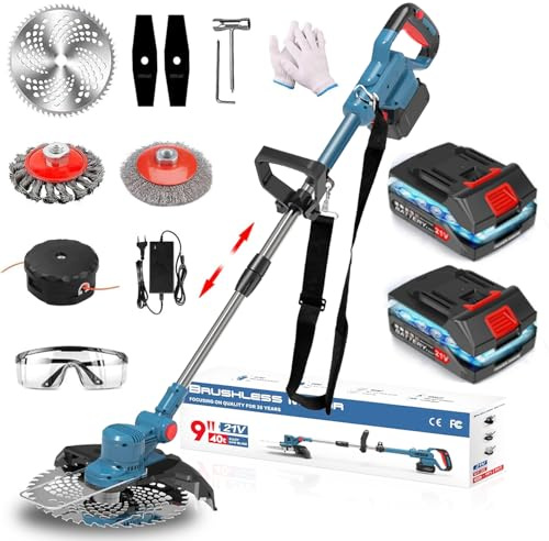 Five liters Rasentrimmer mit Akku 21 V, Freischneider Akku, Freischneider mit Unkrautbürste, 4-in-1 Rasentrimmer Akku, teleskopischer Griff für den Garten, Rasen- und Unkrautbeschnitt, Blau