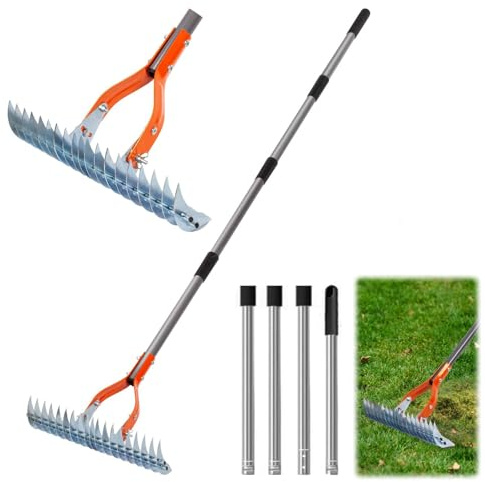 MeYuxg Rastrello per scarificatore, in metallo, con manico, 170 cm, regolabile, per la pulizia di totem erba, per giardino, cortile, prato