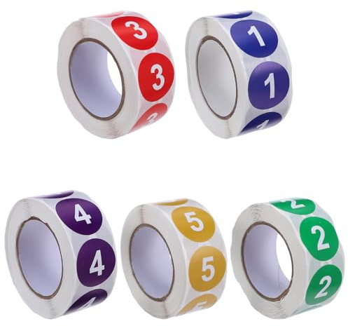 HOODANCOS Étiquettes Numérotées Autocollantes Rondes, Petits Chiffres Adhésifs 1 à 5, 5 Rouleaux de 500 Unités, Autocollants Numéros pour Organisation Bureau, École, Réfrigérateur et Boîte