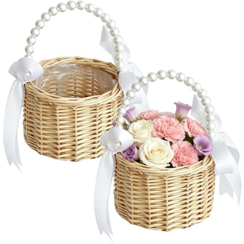 Set med 2 blomkorgar för bröllop med handtag, mini flätad blomkorg, påskkorg med handtag, liten flätad korg med handtag, för fest, festival