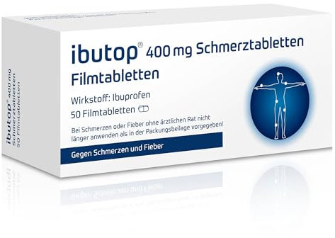 ibutop 400 mg Schmerztabletten, bei Schmerzen und Fieber, mit Ibuprofen, entzündungshemmend, Linderung von Kopfschmerzen, Zahnschmerzen, Regelschmerzen und Fieber, 50 Tabletten