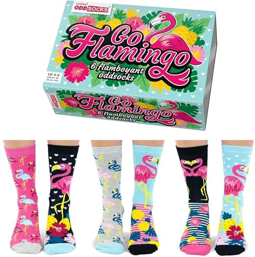 United Oddsocks Go Flamingo presentbox, 6 färgglada Odd Socks för dam i tropiskt flamingo-design, Mix & Match-strumpor med blommor & ananas, presentidé för födelsedag & jul, EU 37–42