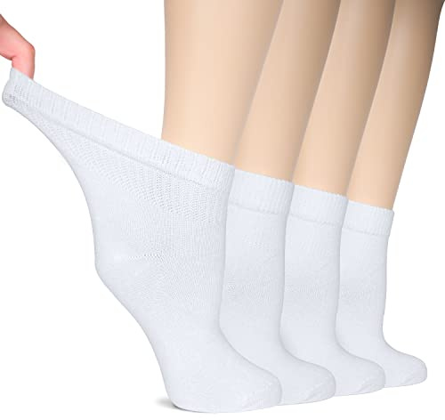 Hugh Ugoli Diabetic Socks for Women, Super Soft & Thin Ankle Socks, Wide & Loose, Non-Binding Top & Seamless Toe, 4 Pairs, White, Shoe Size: 6-9
