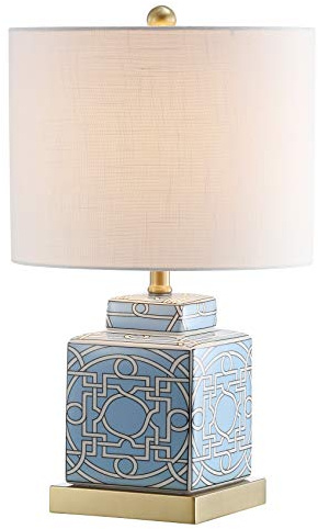 JONATHAN Y 22 Blue/White Modern Ceramic Ginger Jar Table Lamp for Nightstand, Square Lattice Transitional Chinoiserie Lamp for Living Room, White Linen Shade, LED Bulb JYL3044A