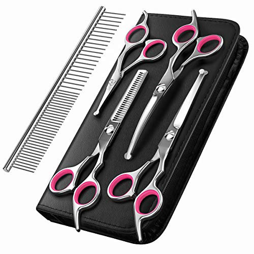 Pawaboo Hundepflege Schere Set, 5 Stück Professionelle Hundesalon Schere Kämmen Fellschere mit Runder Sicherheitspitze für Haustiere Hunde Katze Effilierschere Haarpflege Fellpflege Schneiden - Rosa