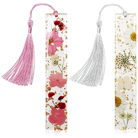 Bookmarks for Women, Kaluofan 2PCS Book Marks for Reading Women, Durable Handmade Dried Flower Resin Bookmarks with Tassels, Pretty and Increase Reading Interest