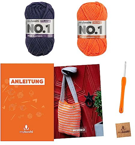 myboshi Häkelset Tasche Niseko, inkl. No.1 Wolle, Nadel und Anleitung, original Label, Häkelpaket, 30% Merinowolle Orange mit Häkelnadel