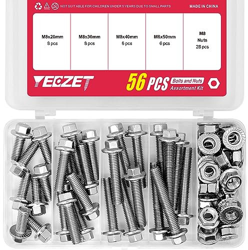 Kit de Boulons et Écrous à Tête Hexagonale à Bride de 56 Pièces M8 en Acier Inoxydable 304. Inclut Les Longueurs de 20mm, 30mm, 40mm, 50mm.