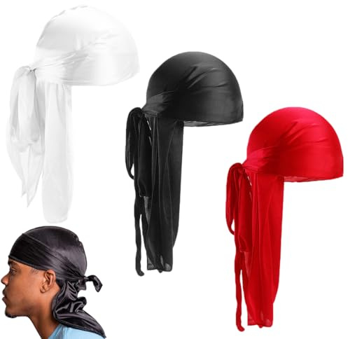 Long Tail Durag,3 Piezas Unisex Durag Headwraps Anchas Correas Pirata Gorra de quimio contra la pérdida de Cabello Bandana Turbante para Mujeres y Hombres Hip-Hop y decoración Diaria