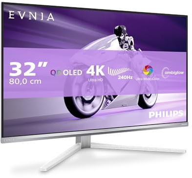 Philips Evnia 32M2N8900-32 inch UHD OLED gaming monitor, 240 Hz, 0.03 ms, HDR400, FreeSync Prem. Pro, G-Sync comp, AmbiGlow (3840x2160, 2x HDMI 2.1, 1x DP 1.4, 1x USB-C (65W PD), USB Hub) white