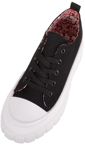 Womens Lace Up Canvas Trainer Pumps with Chunky Sole - Black - UK 5