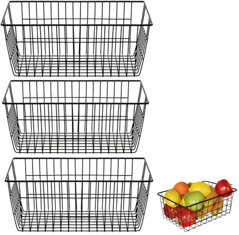 Bhina 3 Pièces Paniers de Rangement en Métal Paniers de Rangement en Fil Métallique avec Poignées Panier Filaire en Fer Creux pour Armoire de Cuisine, Garde-Manger, Placard, Chambre, 28x22x12 cm, Noir