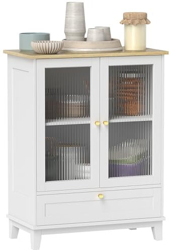 HOMCOM Aparador de 2 Puertas de Vidrio Aparador de Salón con Cajón y Estante Ajustable Mueble Auxiliar de Cocina Dormitorio Sala de Estar 68x35x85 cm Blanco y Roble