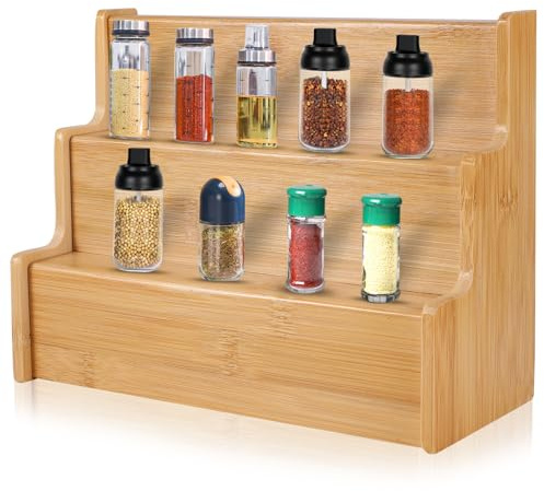 BTBHIHO Étagère à épices en bois de bambou extensible à trois niveaux pour la maison ou pour exposer des épices, des desserts, des parfums, des cosmétiques et des objets de collection
