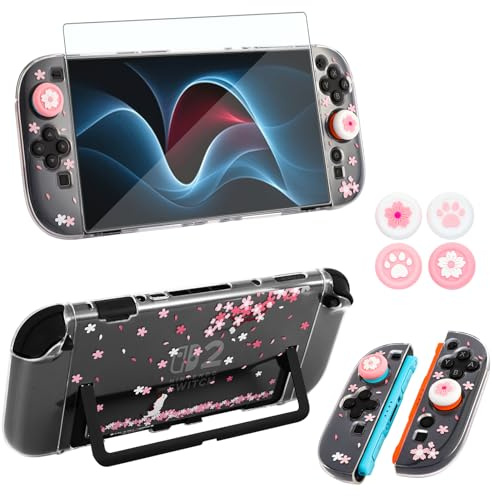 OLDZHU Protective Shell Compatible with Nintendo Switch 2,Cherry Blossoms Clear Dockable Case Cover for Switch 2 with Glass Screen Protector and 4 Thumb Grips,Shock-Absorption and Anti-Scratch