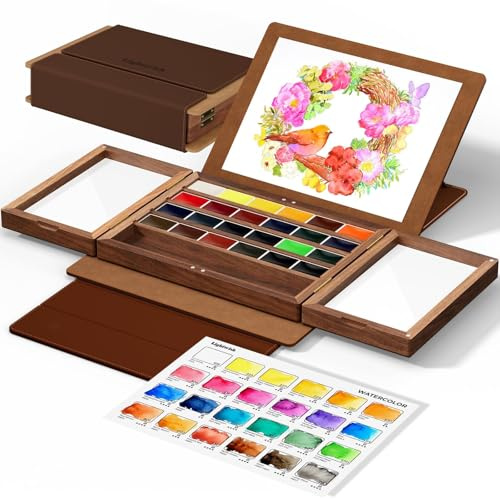 LIGHTWISH Set di acquerelli per artisti, 24 colori, colori ad acqua, in scatola di legno di noce, con custodia in pelle opaca, colori ad acquerello, qualità professionale, alta concentrazione di