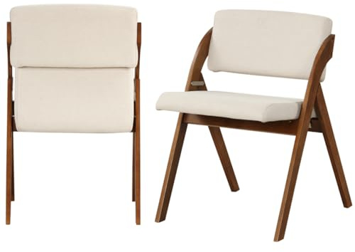 TANGZON Folding Chairs Set of 2, Foldable Dinning Chairs with Solid Wood Legs, Fabric Padded Seat & Backrest, Easy Storage Event Hall Guest Seats for Home Office Dining Living Room (Beige + Walnut)