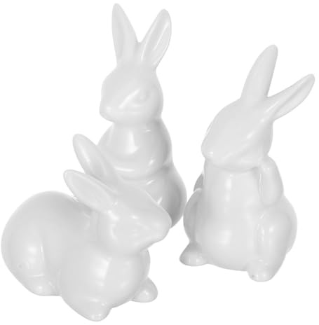 LOORGVEL 3 Piezas Estatuas de Cerámica con Forma de Conejo Decoración de Pascua para Escritorio y Hogar Diseño Realista y Acabado Detallado