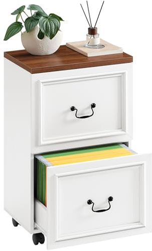 MAHANCRIS 2 Drawer File Cabinet, Rolling File Cabinet for Home Office, Wooden Under Desk Storage, Printer Stand with Drawers, for A4/Letter-Size Files, White and Walnut FCBA3801