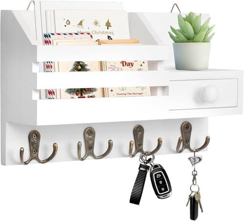Irayin Appendi Chiavi a Muro con Cassetto Portaoggetti, Appendi Chiavi Ingresso con 4 Doppio Ganci, Portachiavi da Parete in Legno, Mensola da Parete per Casa, Ingresso, Ufficio - Bianco