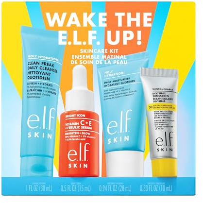 e.l.f. SKIN Wake the e.l.f. Up Skincare Kit, detergente viso idratante, protezione solare, idratante e siero illuminante in formato viaggio, prodotti vegani e non testati sugli animali