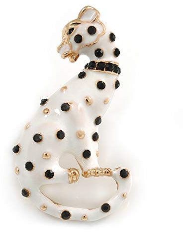 Broche panthère en émail blanc/noir en métal doré – 43 mm de haut, taille unique, émail, diamante