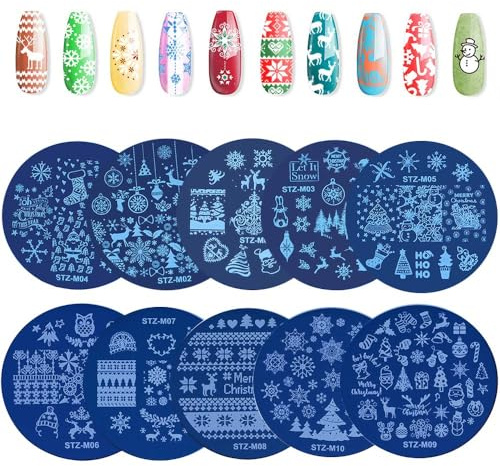 EBANKU 10PCS Christmas Nail Art Stamping Plates Xmas Nail Art Stamp Template Kit Snowflake Snowman Stamp Plates Image Stamping for Woman Girls Christmas Nail Decoration (A)