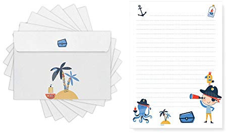 Friendly Fox Kinder Briefpapier Pirat, 1x DIN A5 Schreibblock mit Linien und 20 Umschläge, Kinder Briefblock liniert Briefpapier Set für Kinder