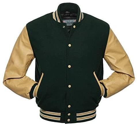 warrior gears Chaquetas universitarias para Hombre con Cuerpo de Lana y Mangas de Cuero, Chaqueta Bomber clásica Retro de Moto Letterman para Hombre, Verde bosque y tostado - 3XL