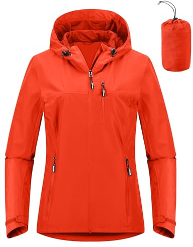 Outdoor Ventures Damen Regenjacke 10000MM Wasserdicht Leichte Gefüttert Packbar Sportjacke Funktionsjacke Atmungsaktiv Fahrrad Jacke mit Kapuze Orange 2XL