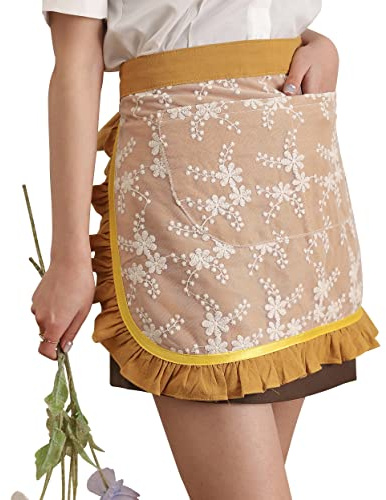 Floosum Lovely Waist Apron with 2 Pockets - Cotton Lace Embroidered Server Aprons Waitress Apron Half Bistro Short Apron for Womens Girls(Yellow)