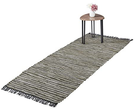 Relaxdays Flickenteppich, 80x200 cm, Baumwolle & Leder, Teppichläufer, Fransen, rutschfest, Fleckerlteppich, grün/beige