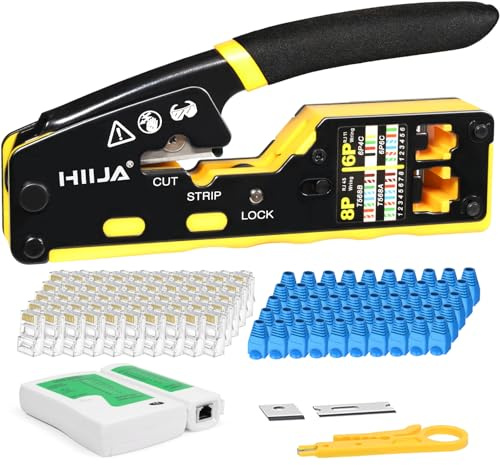 Hiija Pinza Crimpatrice RJ45 Passante per Connettori Ethernet Cat6, Cat5, Cat5e con Tester Cavi di Rete e 50 Connettori RJ45 e 50 Coperture RJ45