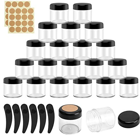 Boisbresil 20 Stück Leere Cremedosen Cremegläser mit Deckel 40ML Transparent Kunststoffbehälter Klein Kosmetikdosen Mini Kosmetikgläser Behälter Probendöschen Reise Flasche (6 Minispateln/24 Etikett)