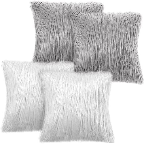 Irenare 4 Pack Faux Fur Throw Pillow Covers Square Cushion Cover Fuzzy Pillow Case Soft Decorative Pillowcase for Sofa, Couch, Chair, Bed, 16 x 16 Inch (White, Gray)