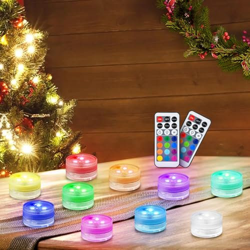LUXJET Small Submersible LED Lights with Remote, Pool Lights for Party Events, Waterproof LED Tea Lights for Vase Fishtank Wedding Halloween Christmas Decoration (Colourful, 10-Pack)