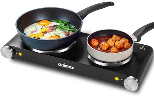Double Hot Plate, CUSIMAX Electric Burner, 2500W Portable Electric Hob, Hot Plates for Cooking With 2 Cast Iron Rings, Table Top Hob with Heating Plates, Compatible for All Cookwares, Black