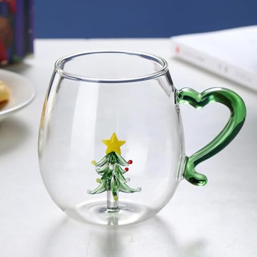 Christmas Coffee Mug Glass Coffee Tea Milk Cup Christmas Cups with 3D Christmas Tree Snowmen Pattern Christmas Mug Microwave and Dishwasher Safe Christmas Decoration (Christmas Tree)