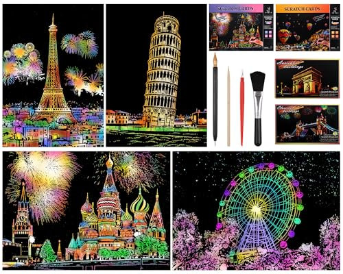 JIANTA Kratzbilder Erwachsene Set, 16 Stück Regenbogen Kratzpapier, A4+A5 Stadtgebäude Kratzpapier, mit 5 Werkzeug, Kratzpapier Set zum Erwachsene und Kinder