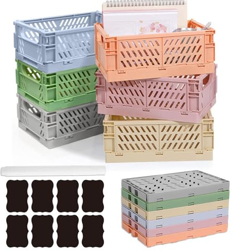 Ruucy 6 Pcs Collapsible Storage Crates, Folding Plastic Crate 25x16x10cm, Stackable Storage Baskets with White Marker & Stickers, Paste Crates Desktop Storage Box for Office Kitchen Bathroom