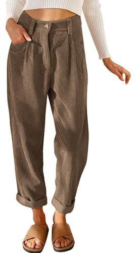 Cordhose Damen Casual High Waist Tapered Hose Baumwoll Gerades Bein Hosen Einfarbig Freizeithosen mit Taschen (Braun, XL)